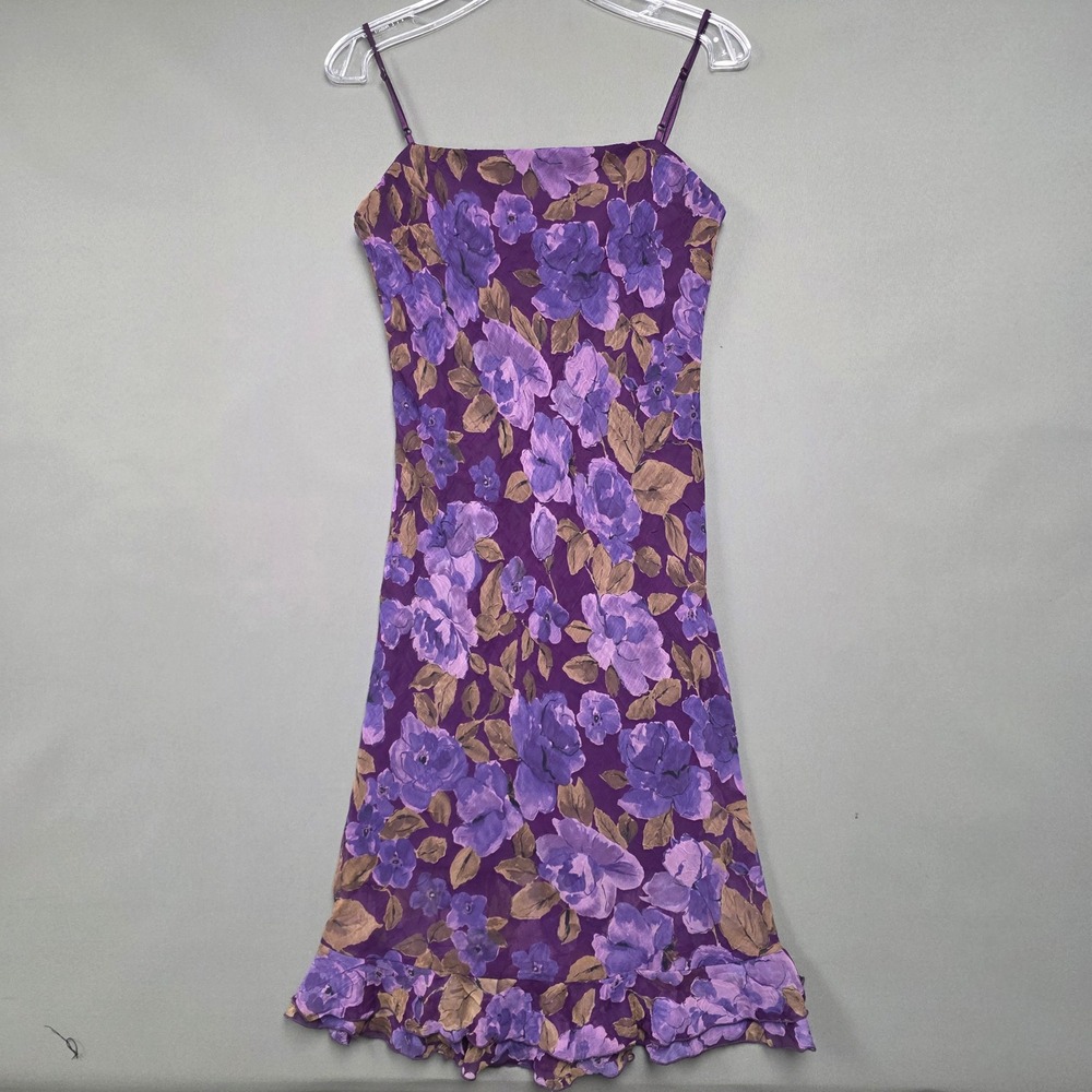 Vintage City Triangles Purple Floral Midi Dress Ruffle Hem Spaghetti Strap 90s